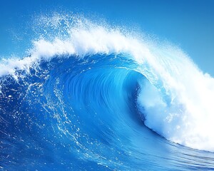 A large ocean wave curls with foam under a bright blue sky