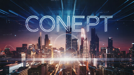 Futuristic cityscape with glowing CONCEPT text overlay Modern technological urban design