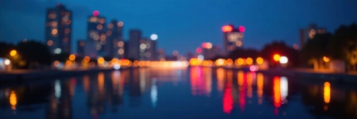 city blurring lights abstract circular bokeh on blue background, nighttime city view, city lights blur