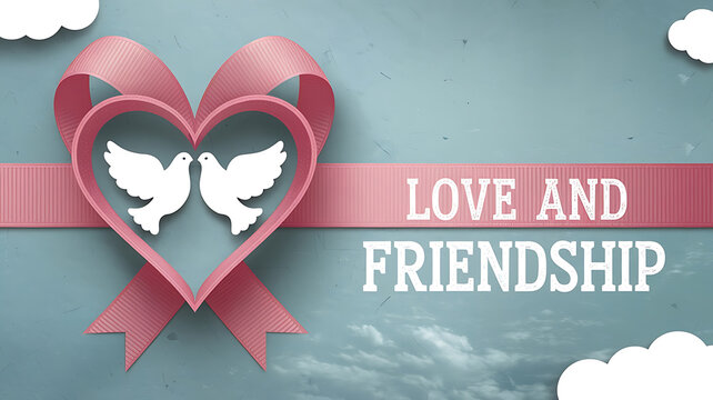 Romantic pastel-toned graphic with doves and ribbon featuring the words Love and Friendship 