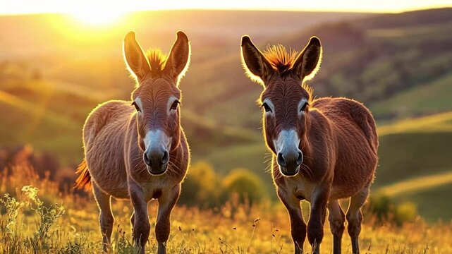 Two donkeys standing in a sunlit meadow during golden hour