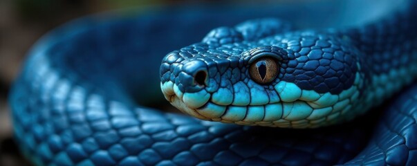 Obraz premium Close-up of blue viper snake's head with pointed snout and sharp teeth, venomous animal , reptile closeup, snake habitat