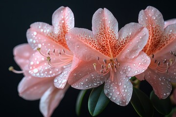 Fototapeta premium Dew-kissed pink azaleas, dark background, floral design