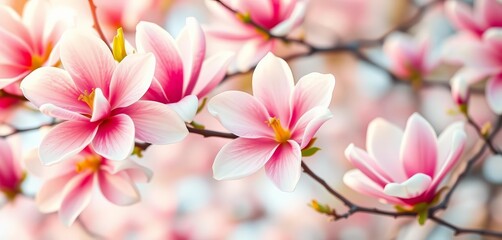 Obraz premium Soft-focus polaroid of vibrant magnolia blossoms, spring blooms, spring, tree