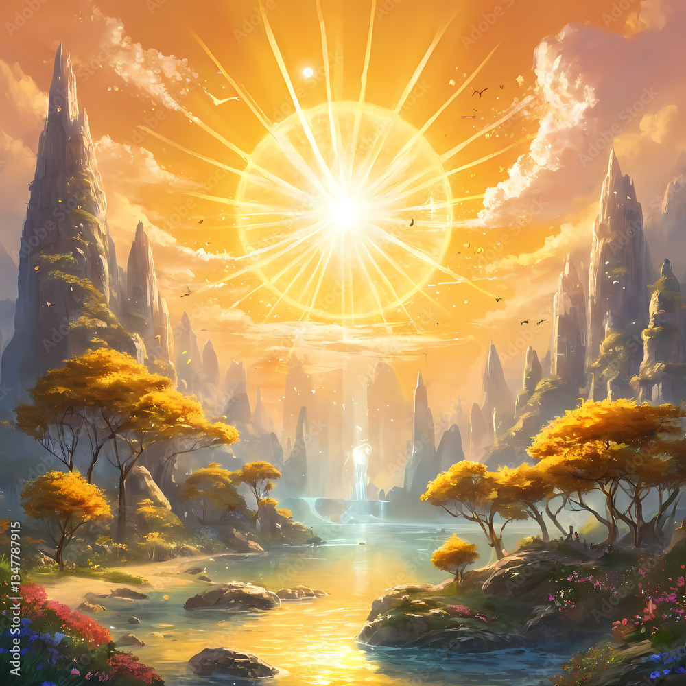 Poster In a vibrant land filled with towering mountains, a brilliant sun rises, sending rays across sparkling water and golden trees, creating a whimsical fairy tale atmosphere Generative AI