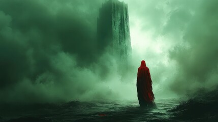 Obraz premium Cloaked figure, foreboding tower, and ominous green fog.