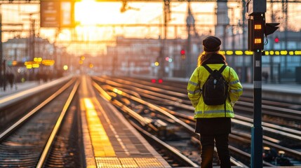 Train station sunset scene with worker urban environment photography rail transport professional perspective