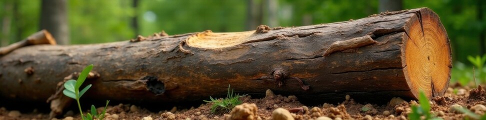Fototapeta premium Close-up of rough brown wooden log with tree roots, tree roots, wooden log, woodland