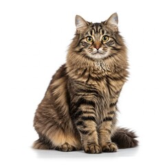 Obraz premium Front view of a Norwegian Forest cat sitting, looking at the camera, isolated on white