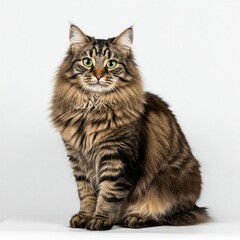Fototapeta premium Front view of a Norwegian Forest cat sitting, looking at the camera, isolated on white