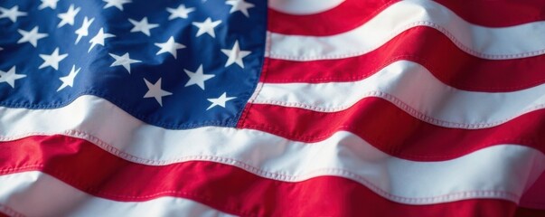 Fototapeta premium Close-up shot of an American flag's fabric with waves and ripples moving in the breeze, star design, american flag wave