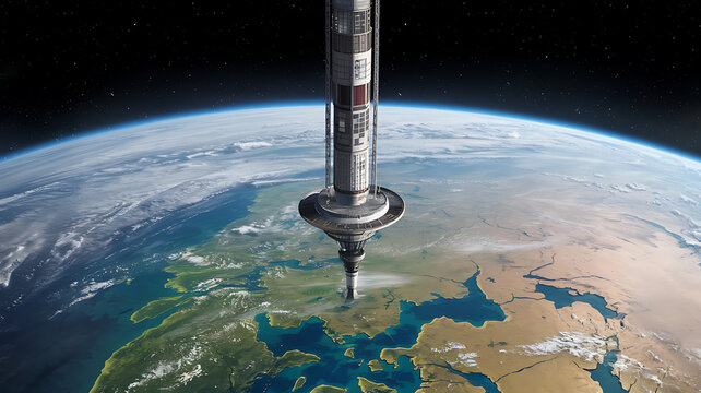 Space elevator reaching Earth's atmosphere.
