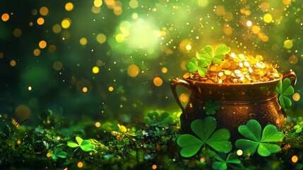 Overflowing pot of gold with scattered clovers, glowing green abstract background with soft golden sparkles, rich and vibrant tones