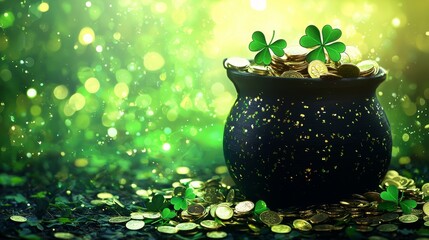 Classic black pot filled with sparkling coins, scattered shamrock leaves over a glowing green backdrop, digital St. Patrick's Day fantasy