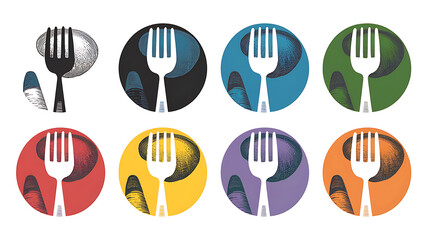 Colorful vintage-style fork and egg logos Food-themed graphic design elements