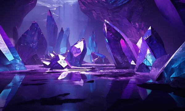 Stunning cinematic view of a hidden crystal cavern bathed in ethereal blue and purple light as tiny water ripples sparkle in the darkness
