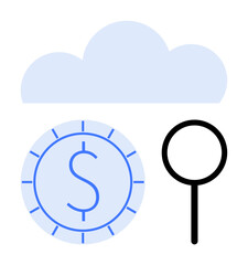 Cloud, dollar coin, magnifying glass suggesting data search, financial analysis, digital business tools. Ideal for technology, economy, finance research innovation security and analytics. Modern