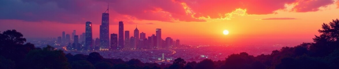 Fototapeta premium Colorful cityscape at sunset with skyscrapers and trees, architecture, background, sunset