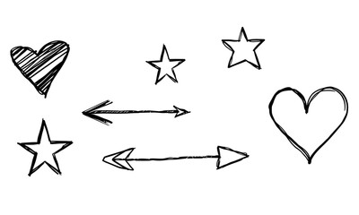 Hand drawn doodle sketch featuring hearts and stars, showcasing playful arrows and whimsical designs that evoke sense of creativity and fun