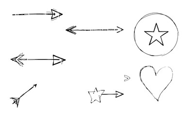 Hand drawn doodle sketches of arrows, stars, and heart, showcasing playful and creative style. These simple illustrations can be used for various design projects, adding whimsical touch