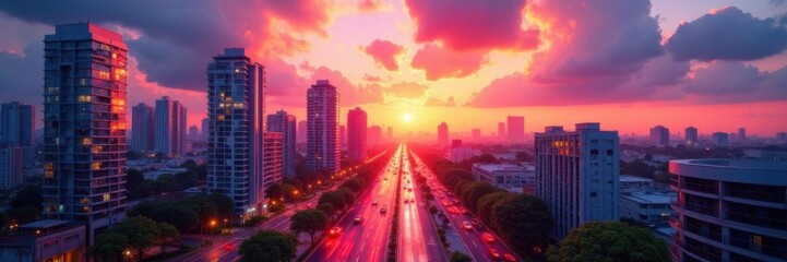 Fototapeta premium Colorful cityscape with tall buildings and bustling streets at sunset, metropolitan area, urban scenery