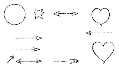 Hand drawn doodle sketches of various shapes including circle, star, arrows, and hearts, showcasing playful and creative style. These elements can be used for design projects, illustrations