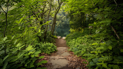 A lush overgrown path through a dense tropical forest