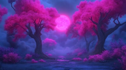 Pink trees in a mystical forest at night