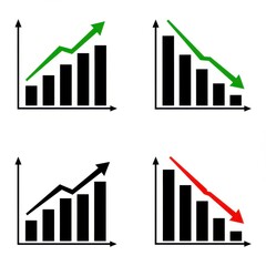 Bar graph icons with ascending and descending trends, featuring green and red arrows for financial statistics and market fluctuations