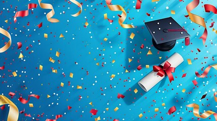 Graduation celebration card vibrant background featuring confetti mortarboard cap diploma scroll tied red ribbon designated blank space center stylishly framed writing graduate name congratulatory