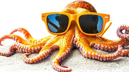 Playful octopus wearing sunglasses beach animal portrait fun environment close-up view summer vibe