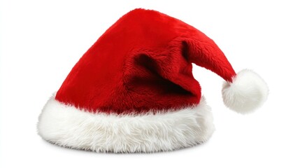 Festive red Santa hat with fluffy white trim on display