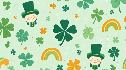 Cute St. Patrick's Day pattern with smiling clovers, tiny leprechaun hats, and sparkling rainbows on a pale green background
