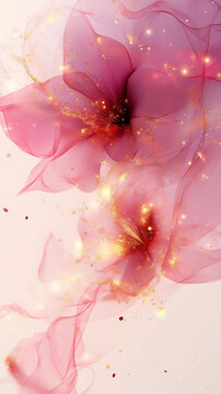 Abstack background of a pink flower with gold glitter on it. The flower is surrounded by a lot of glitter, giving it a dreamy and ethereal appearance