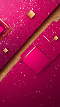 Abstack background of pink surface with gold glitter and squares.