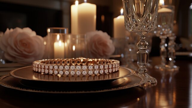 A luxurious gold and diamond tennis bracelet resting beside an elegant candle-lit setting.