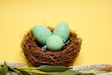Easter holiday decoration with colorful eggs and festive ornaments