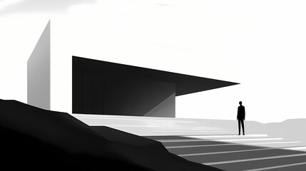 Exploring monolithic architecture coastal location black and white urban landscape ground perspective minimalism. Monolithic Black. Illustration