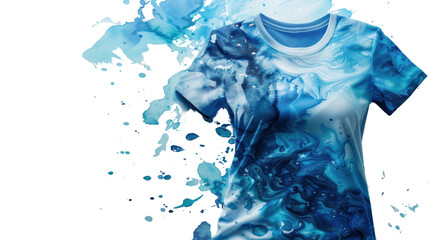 Blue watercolor pattern printed on a white t-shirt with transparent background