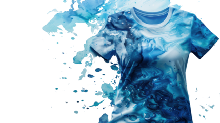 Blue watercolor pattern printed on a white t-shirt with transparent background