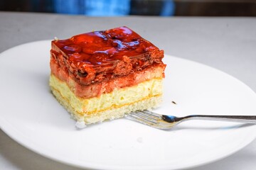 Strawberry Jelly Custard Cake on Plate