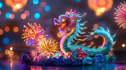 Fototapeta premium Iridescent Dragon Figurine Amidst Festive Lights