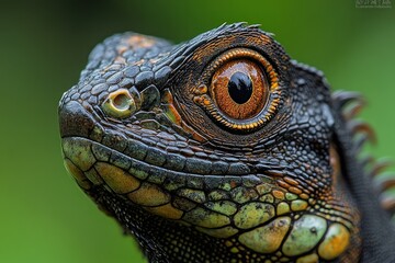 Fototapeta premium Iguana portrait, rainforest, close-up, vibrant green background, wildlife documentary
