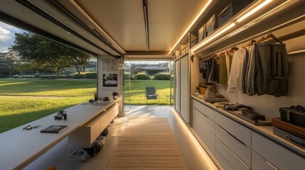 Obraz premium A fully equipped dressing area with the Blox wardrobe's LED-lit dressing table and practical storage design