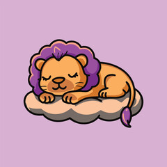 Cartoon lion sleeping on a cloud. It has purple mane and tail, cute eyes. Background is a soft pink