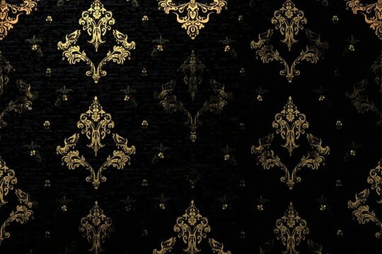 Damask pattern featuring intricate gold threading on black background, luxury, textiles