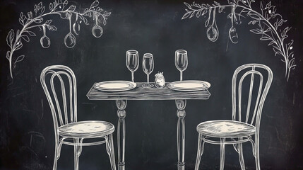Hand-drawn illustrations of a chalkboard-style table and chairs in Italian wedding dinner setup. Featuring wine or champagne glasses, plates, and other decorative details for wedding invitations.
