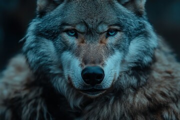 Fototapeta premium Majestic wolf portrait, forest background, intense stare, wildlife photography