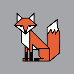 Geometric fox illustration with orange and white, black outlines. Sitting, on a gray background. Simple animal design
