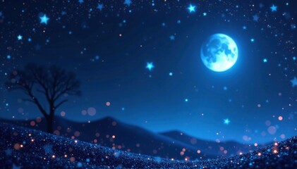 Naklejka premium Dark blue frame with glitter bokeh and light art, surrounded by stars and moons in a mystical night scene, mystical, starry night